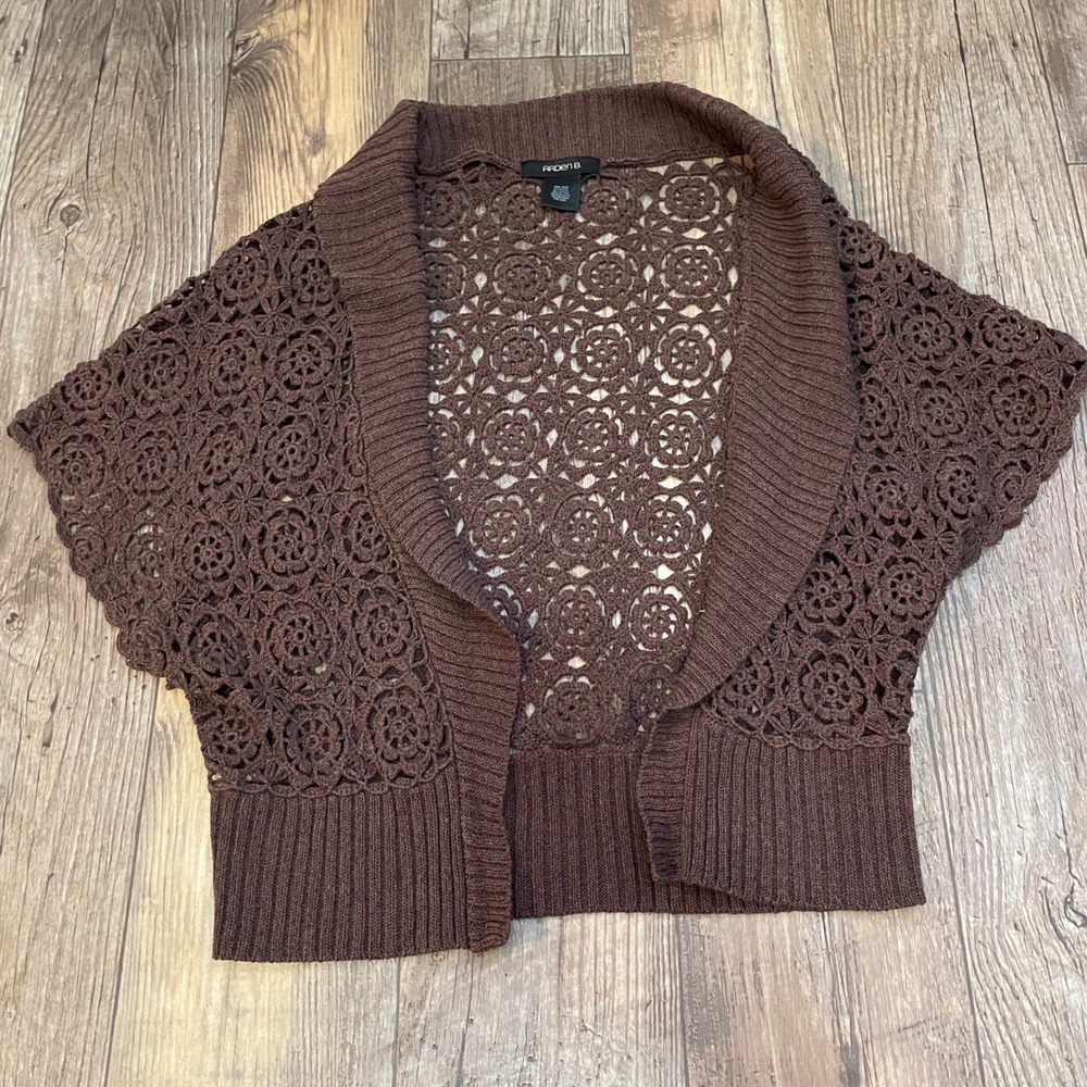 Arden B Brown Crocheted Short Sleeve Cardigan